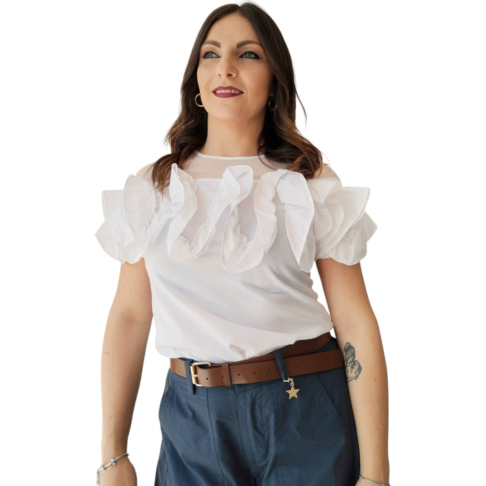 T-shirt donna IMPERIAL in cotone con scollo effetto trasparenza e volant