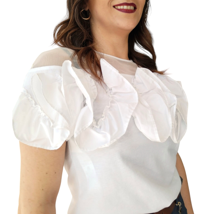 T-shirt donna IMPERIAL in cotone con scollo effetto trasparenza e volant