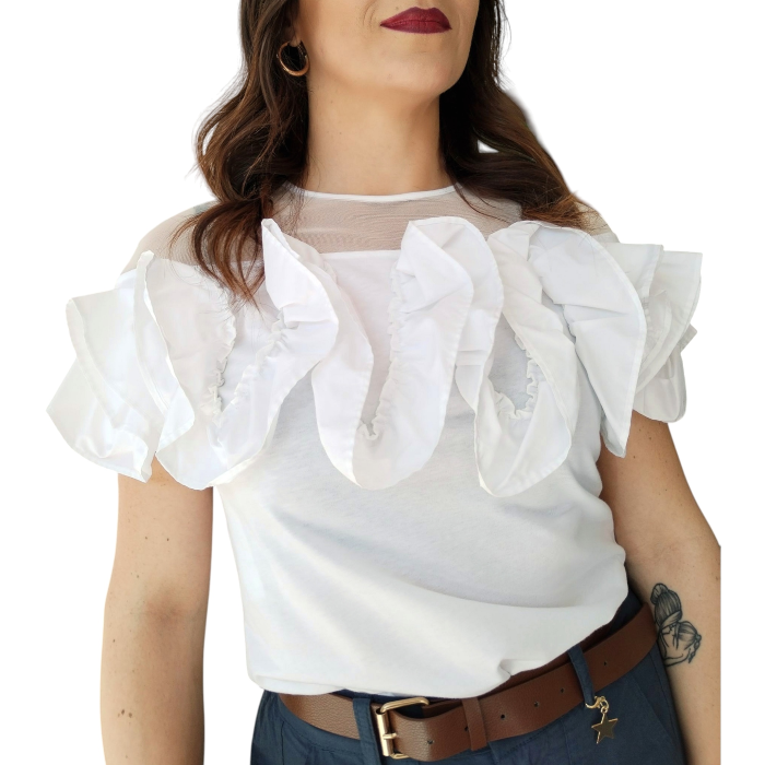 T-shirt donna IMPERIAL in cotone con scollo effetto trasparenza e volant