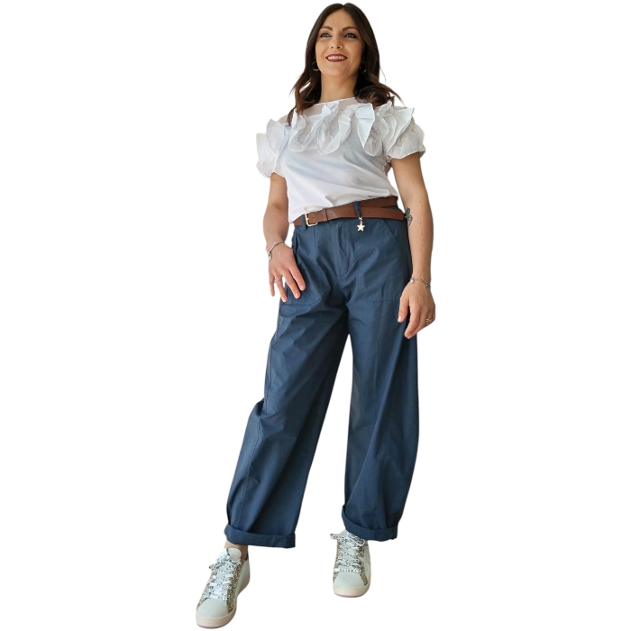 T-shirt donna IMPERIAL in cotone con scollo effetto trasparenza e volant