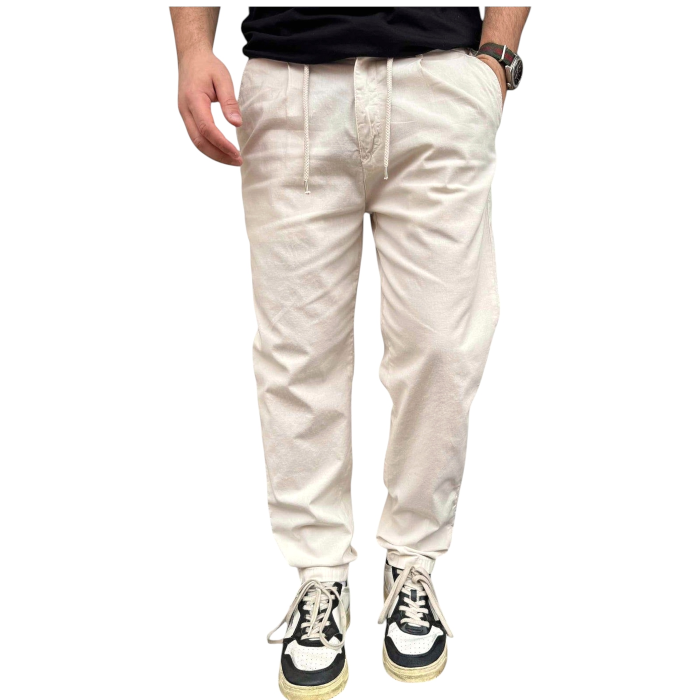 Pantalone BERNA in misto lino/cotone con coulisse pence e tasca posteriore a taglio verticale