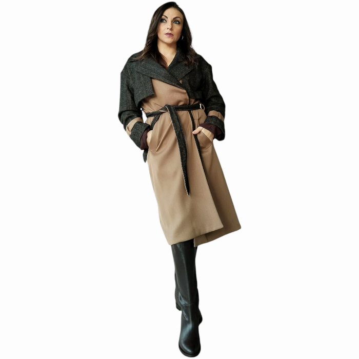 Cappotto donna SUSY MIX bi-tessuto in misto lana doppiopetto modello trench 