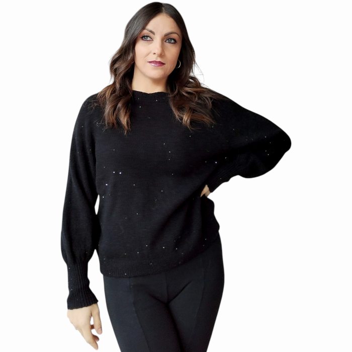 Maglia donna SUSY MIX con mini strass girocollo e manica a palloncino 