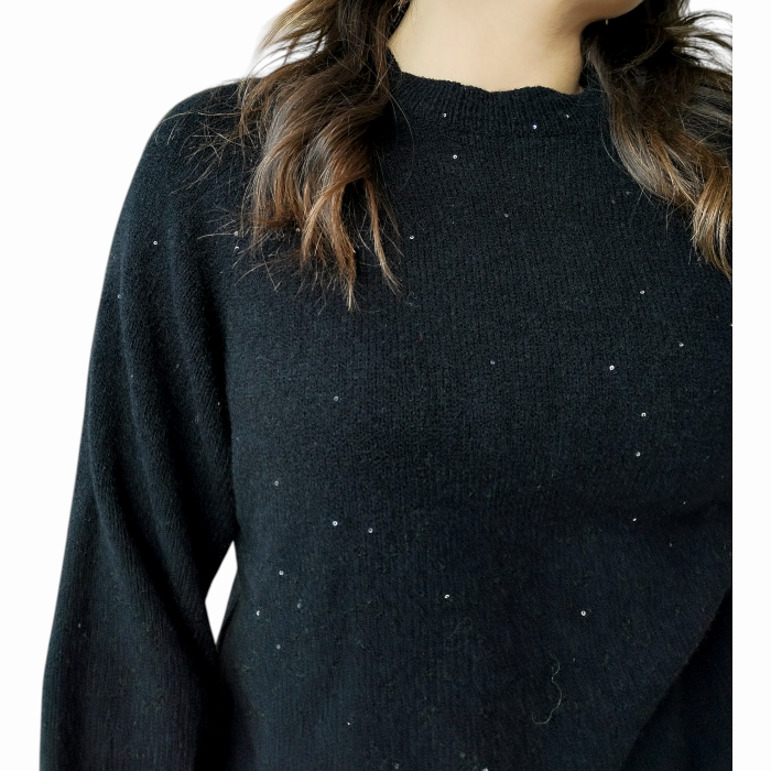 Maglia donna SUSY MIX con mini strass girocollo e manica a palloncino 