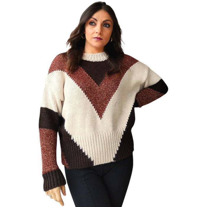 Maglia donna SUSY MIX girocollo fantasia geometrica inserti in lurex orli a costine