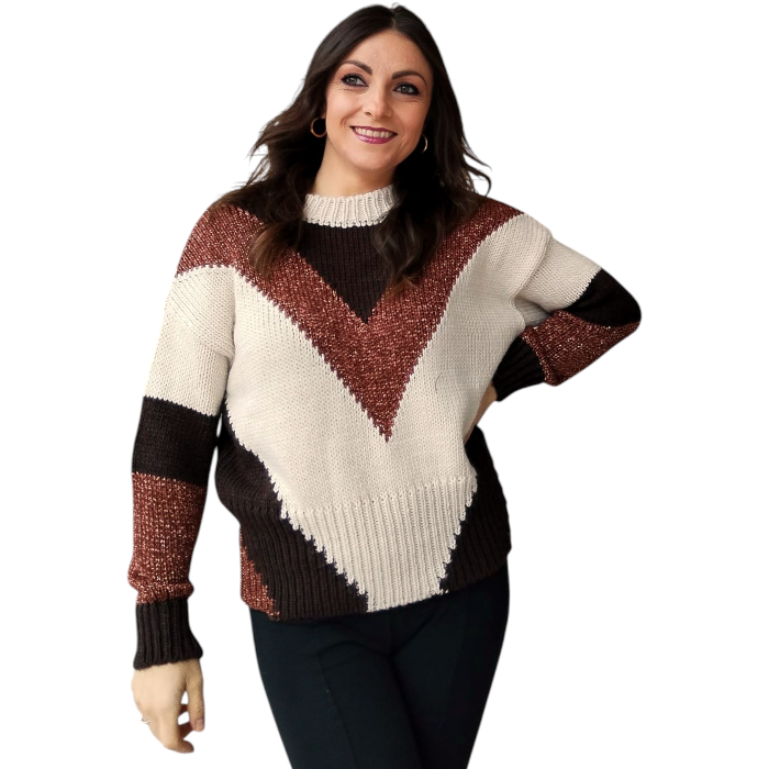 Maglia donna SUSY MIX girocollo fantasia geometrica inserti in lurex orli a costine