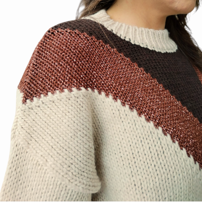 Maglia donna SUSY MIX girocollo fantasia geometrica inserti in lurex orli a costine