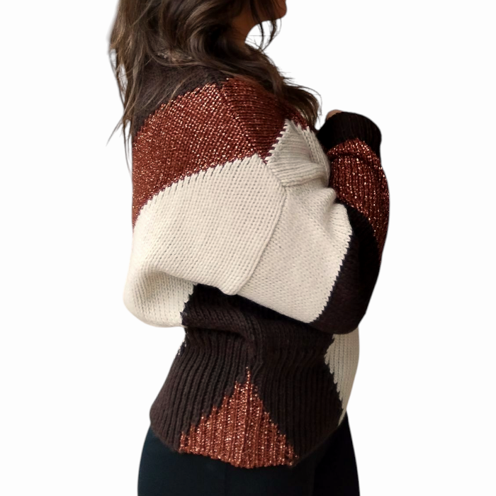 Maglia donna SUSY MIX girocollo fantasia geometrica inserti in lurex orli a costine