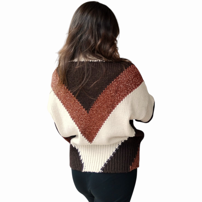 Maglia donna SUSY MIX girocollo fantasia geometrica inserti in lurex orli a costine