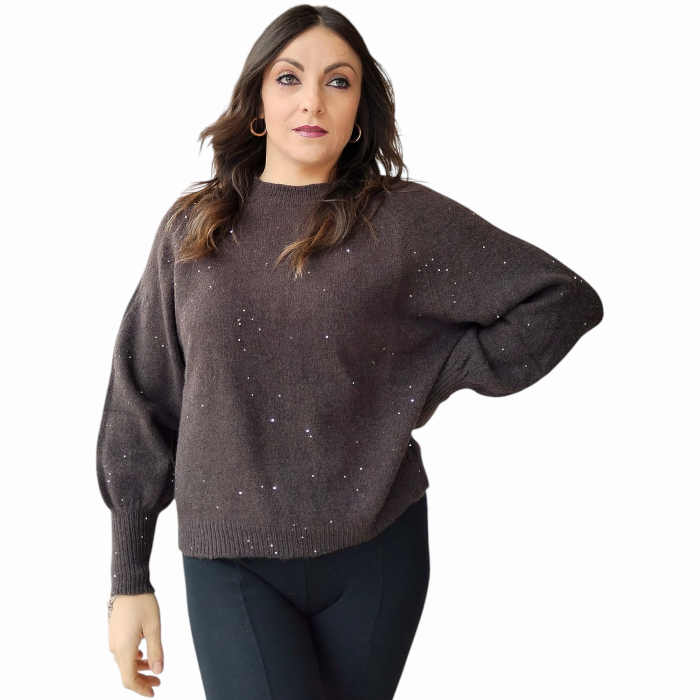 Maglia donna SUSY MIX con mini strass girocollo e manica a palloncino