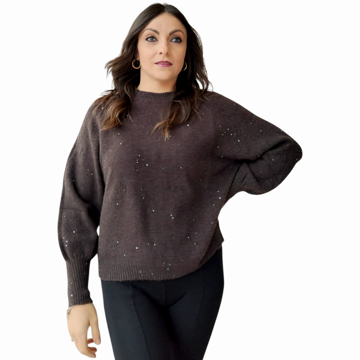 Maglia donna SUSY MIX con mini strass girocollo e manica a palloncino