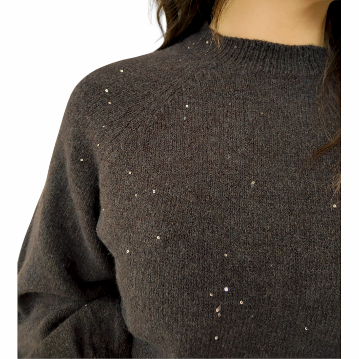 Maglia donna SUSY MIX con mini strass girocollo e manica a palloncino