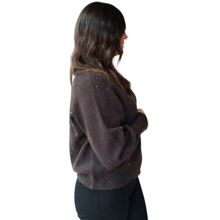 Maglia donna SUSY MIX con mini strass girocollo e manica a palloncino