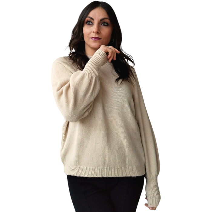 Maglia donna SUSY MIX con mini strass girocollo e manica a palloncino