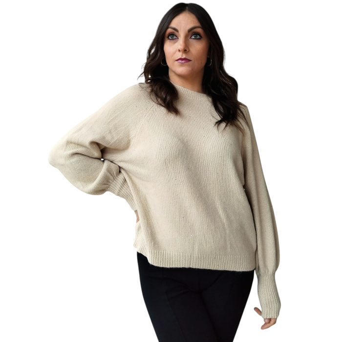 Maglia donna SUSY MIX con mini strass girocollo e manica a palloncino