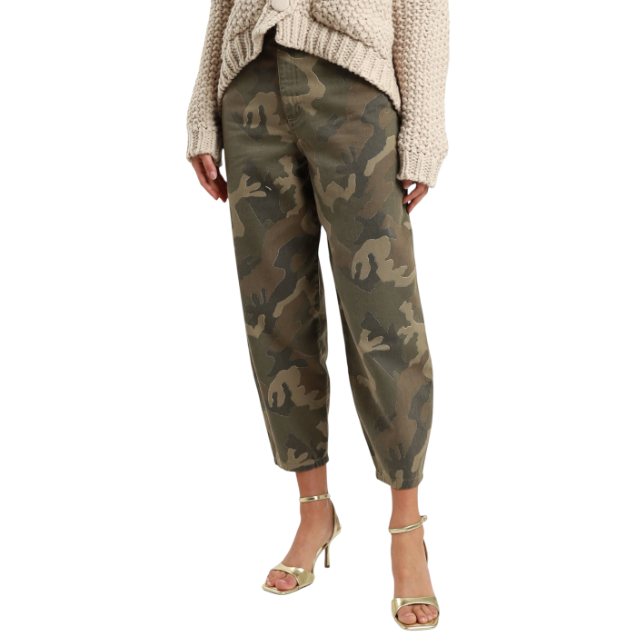 Pantalone donna SUSY MIX mimetici mom fit cropped con inserti in glitter