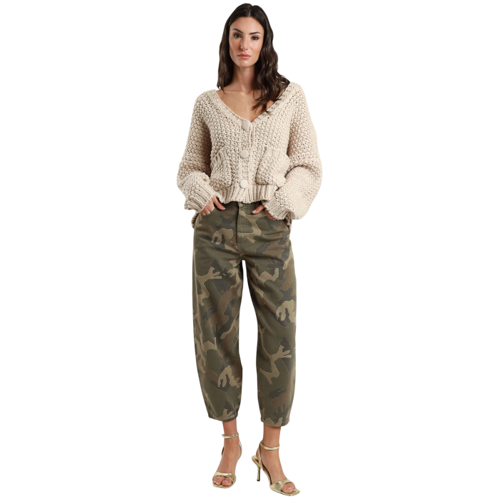 Pantalone donna SUSY MIX mimetici mom fit cropped con inserti in glitter