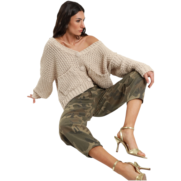 Pantalone donna SUSY MIX mimetici mom fit cropped con inserti in glitter