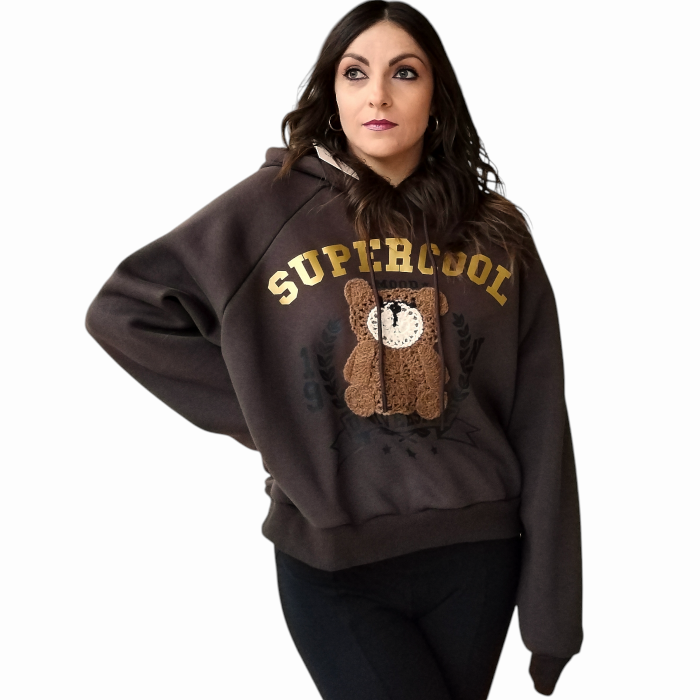Felpa donna SUSY MIX caldo cotone soft con cappuccio e ricamo Teddy