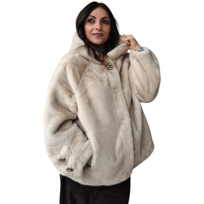 Pelliccia donna SUSY MIX ecologica regular fit con cappuccio e bottone gioiello