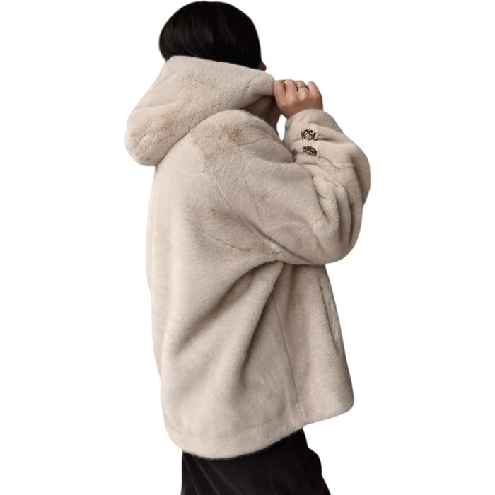 Pelliccia donna SUSY MIX ecologica regular fit con cappuccio e bottone gioiello