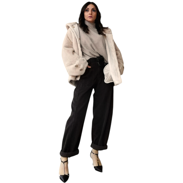 Pelliccia donna SUSY MIX ecologica regular fit con cappuccio e bottone gioiello