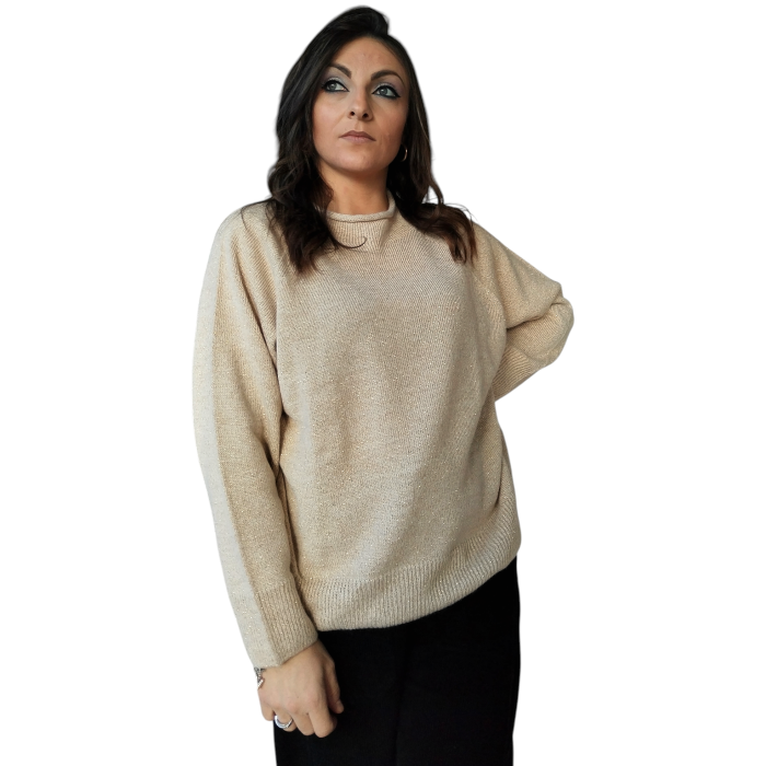 Maglia donna KONTATTO girocollo a rotolino e fili in fibra metallica