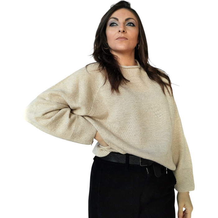 Maglia donna KONTATTO girocollo a rotolino e fili in fibra metallica