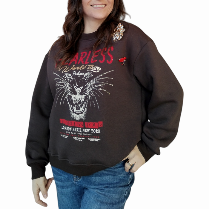 Felpa donna SUSY MIX regular fit caldo cotone soft girocollo con stampa e spille