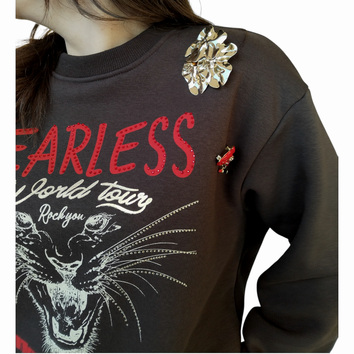 Felpa donna SUSY MIX regular fit caldo cotone soft girocollo con stampa e spille