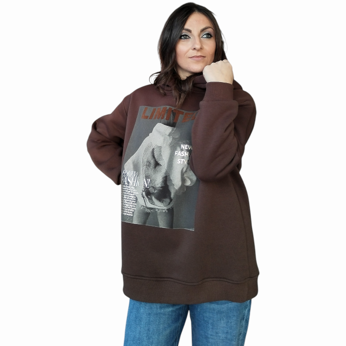 Felpa donna SUSY MIX oversize caldo cotone soft con cappuccio e stampa