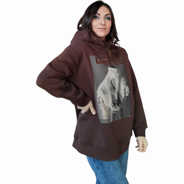 Felpa donna SUSY MIX oversize caldo cotone soft con cappuccio e stampa