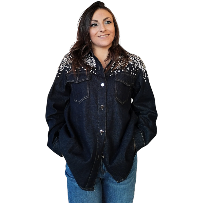 Camicia donna SUSY MIX oversize overshirt di jeans con pietre strass