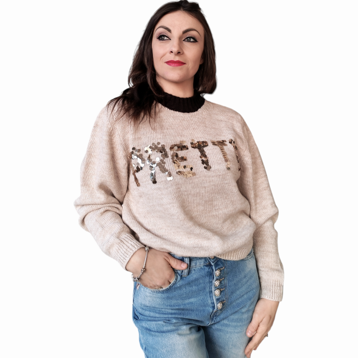 Maglia donna SUSY MIX misto lana/Alpaca girocollo a contrato e scritta paillettes