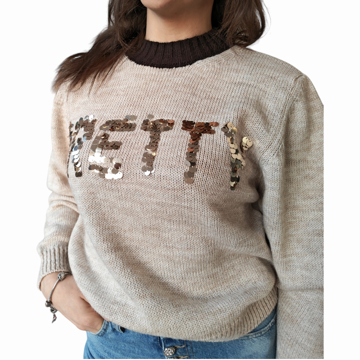 Maglia donna SUSY MIX misto lana/Alpaca girocollo a contrato e scritta paillettes