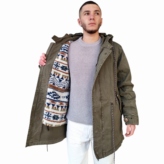 Parka uomo BERNA in caldo cotone con interno in lanetta cappuccio e spille