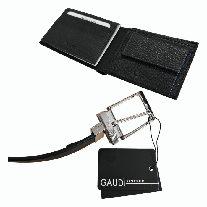 Set uomo GAUDI' portafoglio e cintura double face in vera pelle 