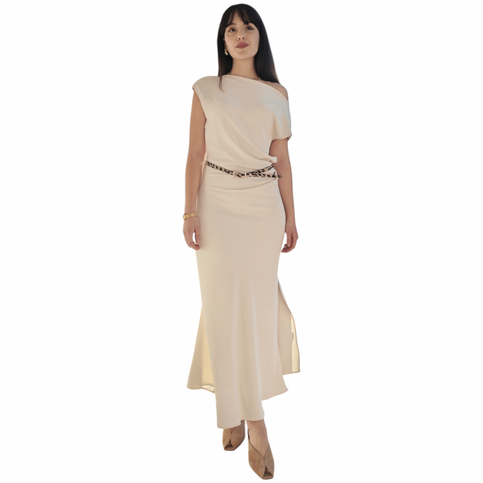 Abito donna IMPERIAL lungo scollo a barca e a V dietro drappeggio cintura animalier