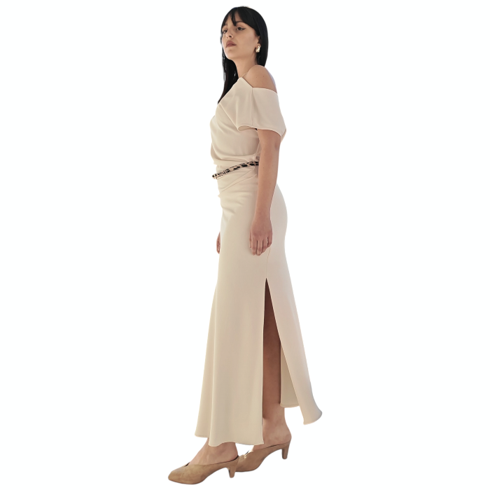 Abito donna IMPERIAL lungo scollo a barca e a V dietro drappeggio cintura animalier