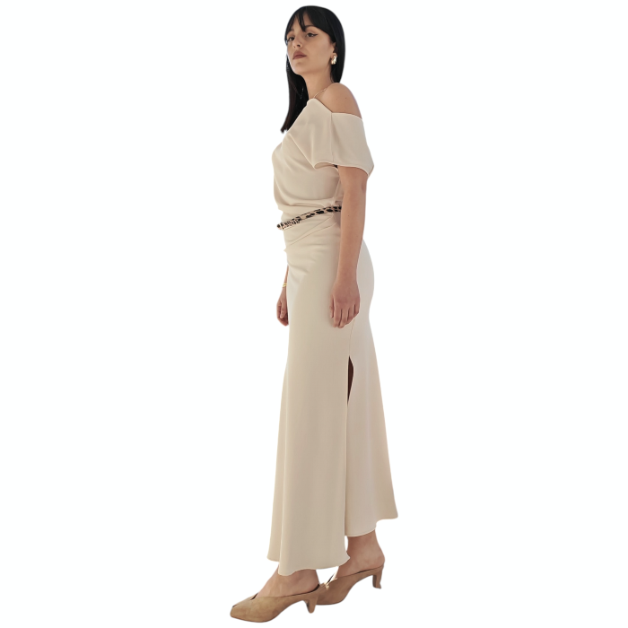 Abito donna IMPERIAL lungo scollo a barca e a V dietro drappeggio cintura animalier