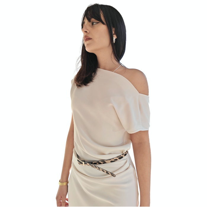 Abito donna IMPERIAL lungo scollo a barca e a V dietro drappeggio cintura animalier