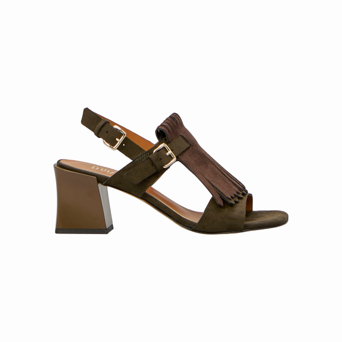 Scarpa donna OVYE' sandalo in camoscio con frange e tacco largo alto 5 cm