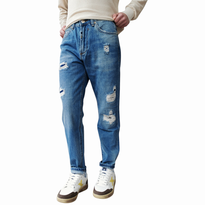 Jeans uomo GIANNI LUPO mod. Cooper Carrot fit dritto lavaggio used con rotture