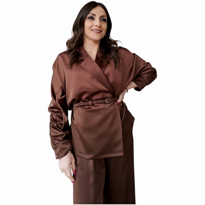 Tailleur donna IMPERIAL effetto raso blazer doppiopetto con cintura pantalone gamba ampia