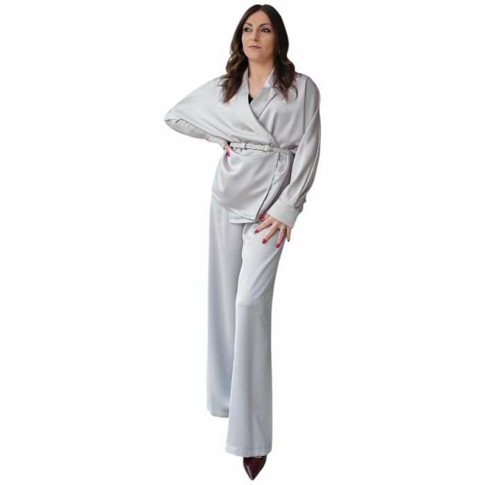 Tailleur donna IMPERIAL effetto raso blazer doppiopetto con cintura pantalone gamba ampia