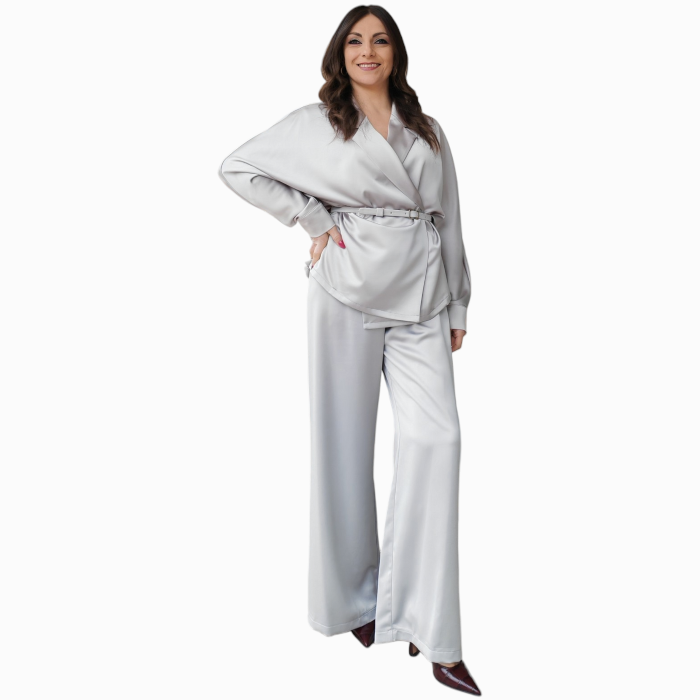 Tailleur donna IMPERIAL effetto raso blazer doppiopetto con cintura pantalone gamba ampia