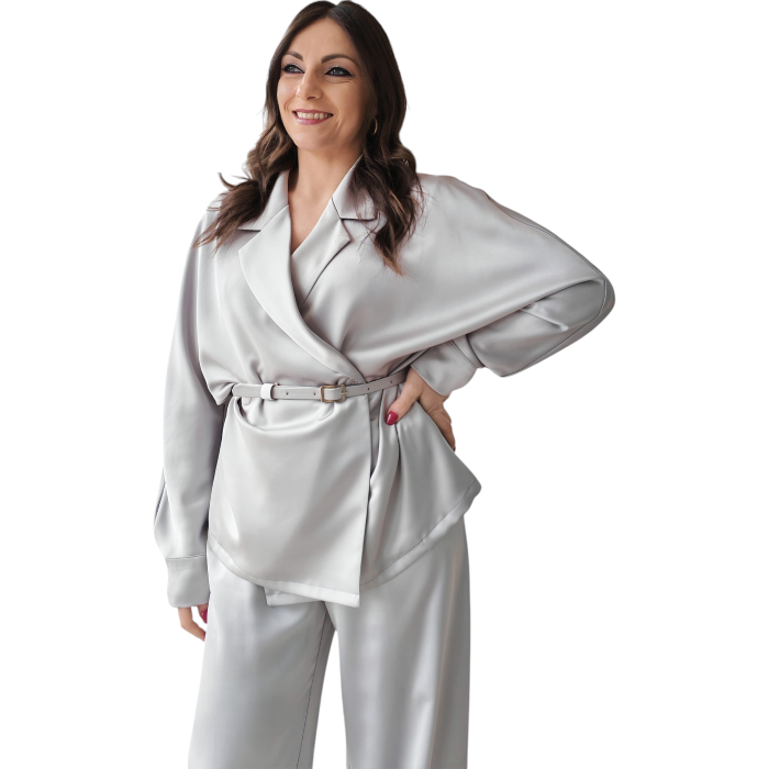 Tailleur donna IMPERIAL effetto raso blazer doppiopetto con cintura pantalone gamba ampia