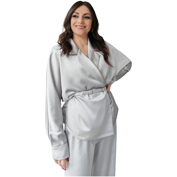 Tailleur donna IMPERIAL effetto raso blazer doppiopetto con cintura pantalone gamba ampia