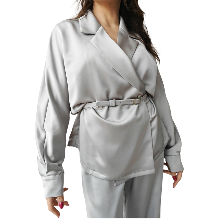 Tailleur donna IMPERIAL effetto raso blazer doppiopetto con cintura pantalone gamba ampia