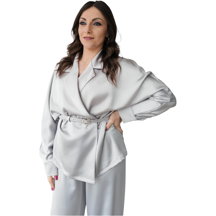 Tailleur donna IMPERIAL effetto raso blazer doppiopetto con cintura pantalone gamba ampia
